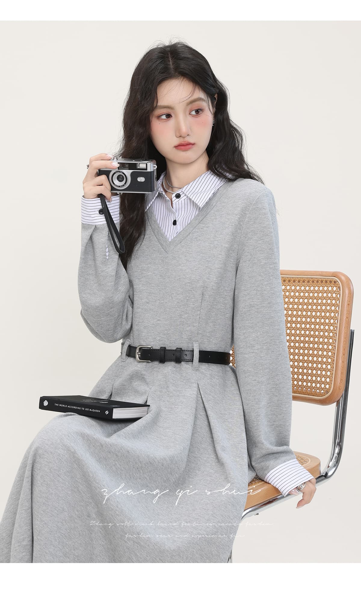 가을 겨울 새로운 회색 셔츠 칼라 드레스 페이크 레이어드 디자인 센스 허리 수축 슬림해 보이는 치마 아이들 상세 이미지 6