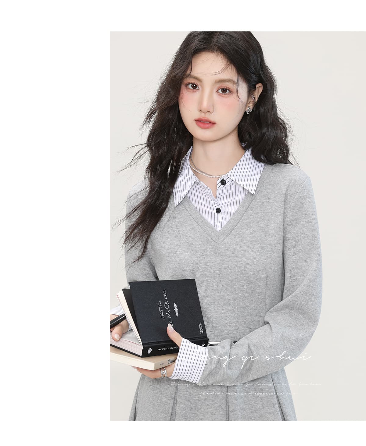 가을 겨울 새로운 회색 셔츠 칼라 드레스 페이크 레이어드 디자인 센스 허리 수축 슬림해 보이는 치마 아이들 상세 이미지 9