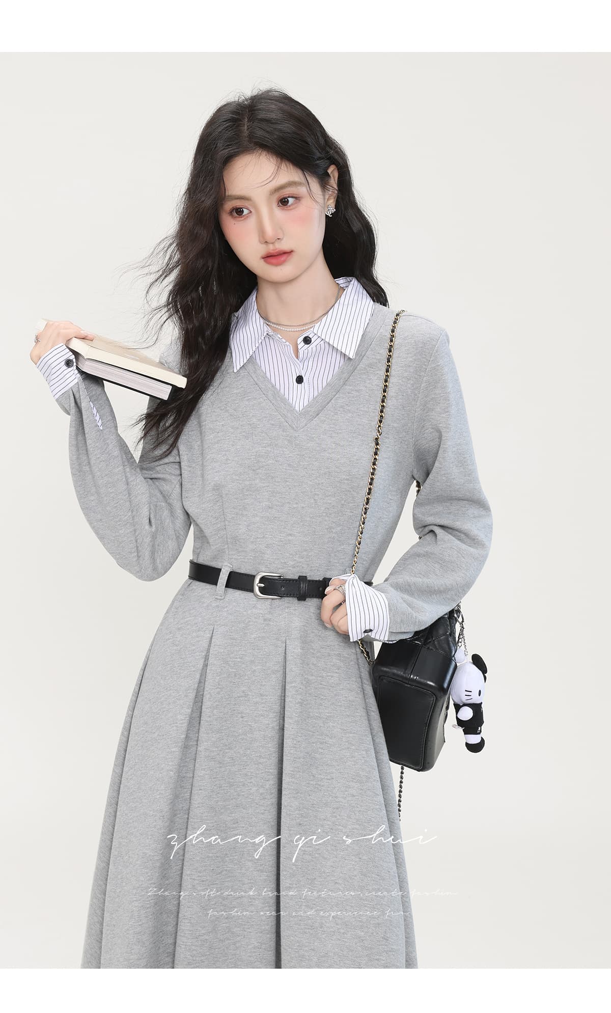 가을 겨울 새로운 회색 셔츠 칼라 드레스 페이크 레이어드 디자인 센스 허리 수축 슬림해 보이는 치마 아이들 상세 이미지 10
