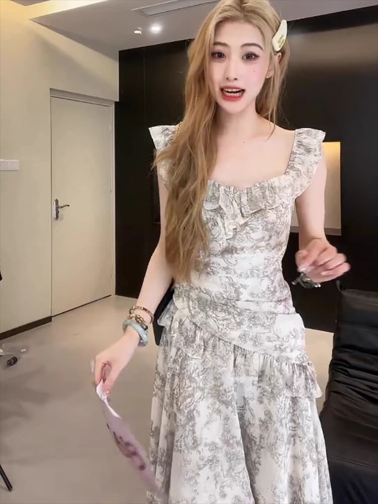 높음 비틀림 쉬폰 벨트 네리 있음 지퍼 소녀 바람 꽃무늬 슬립 드레스 비대칭 프릴 짧은 치마 상세 이미지 2