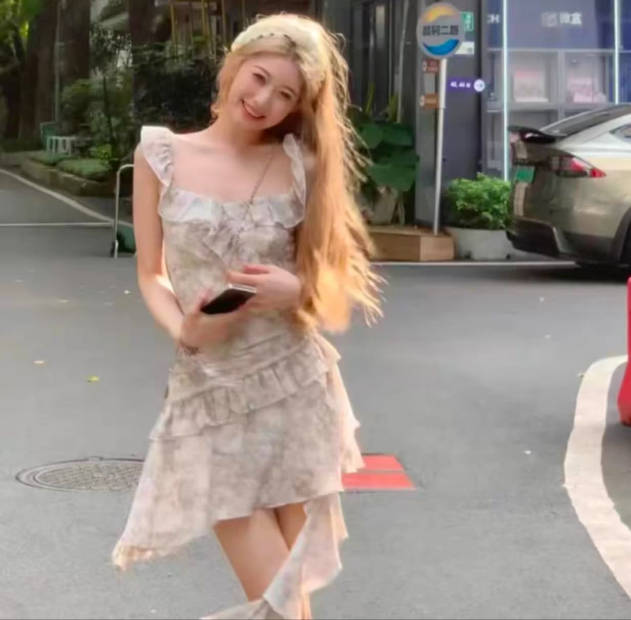 높음 비틀림 쉬폰 벨트 네리 있음 지퍼 신선함 꽃무늬 슬립 미니 스커트 프릴 주름 불규칙 드레스 상세 이미지 7