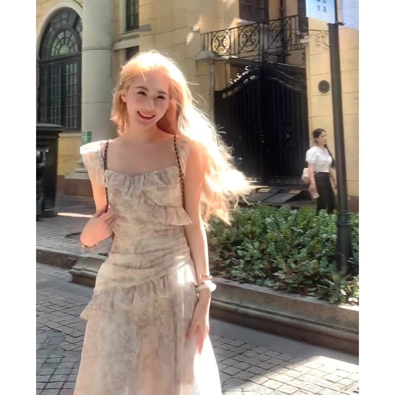 높음 비틀림 쉬폰 벨트 네리 있음 지퍼 한 부서 꽃무늬 슬립 미니 스커트 프릴 장식 불규칙 밑단 치마 이미지 5