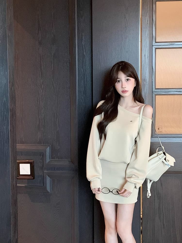 순수한 욕망 섹시함 몸매 가꾸기 오프숄더 후드티 드레스 프랑스식 루즈핏 슬림해 보이는 품격 디자인 센스 비스듬한 어깨 긴팔 치마 상세 이미지 11