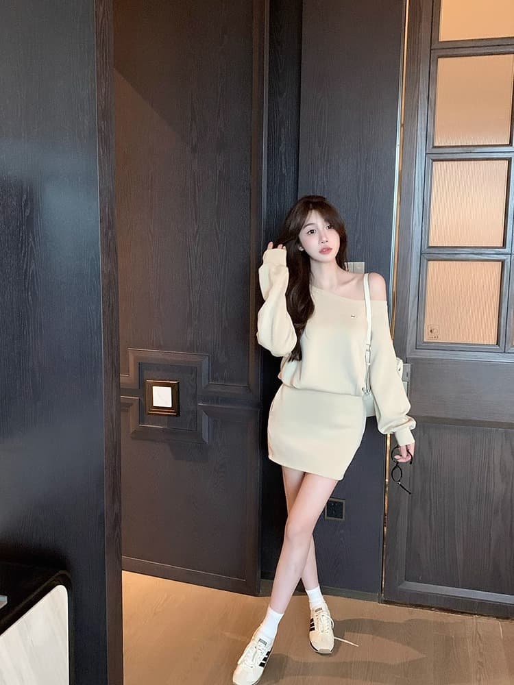 순수한 욕망 섹시함 몸매 가꾸기 오프숄더 후드티 드레스 프랑스식 루즈핏 슬림해 보이는 품격 디자인 센스 비스듬한 어깨 긴팔 치마 상세 이미지 12