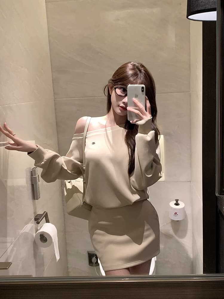 순수한 욕망 섹시함 몸매 가꾸기 오프숄더 후드티 드레스 프랑스식 루즈핏 슬림해 보이는 품격 디자인 센스 비스듬한 어깨 긴팔 치마 상세 이미지 16