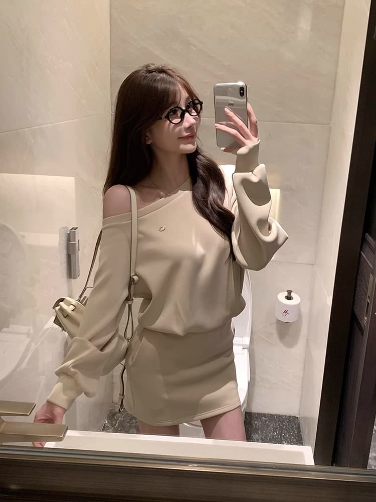 순수한 욕망 섹시함 몸매 가꾸기 오프숄더 후드티 드레스 프랑스식 루즈핏 슬림해 보이는 품격 디자인 센스 비스듬한 어깨 긴팔 치마 상세 이미지 17