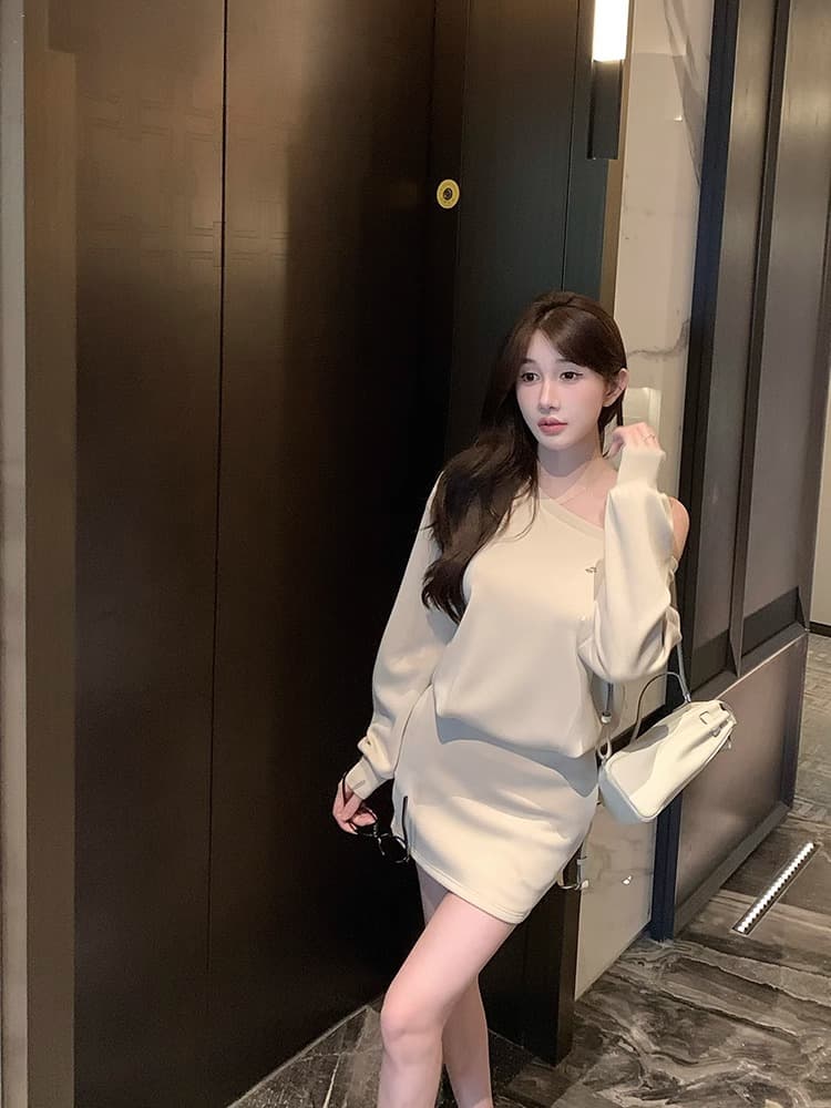 순수한 욕망 섹시함 몸매 가꾸기 오프숄더 후드티 드레스 프랑스식 루즈핏 슬림해 보이는 품격 디자인 센스 비스듬한 어깨 긴팔 치마 상세 이미지 18