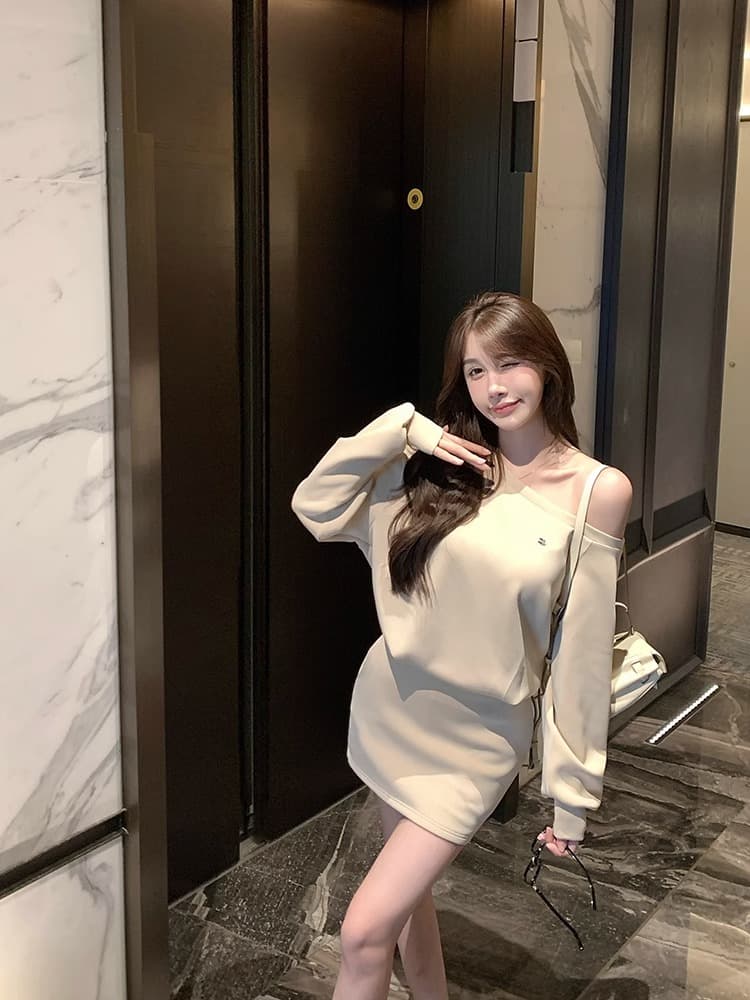 순수한 욕망 섹시함 몸매 가꾸기 오프숄더 후드티 드레스 프랑스식 루즈핏 슬림해 보이는 품격 디자인 센스 비스듬한 어깨 긴팔 치마 상세 이미지 19