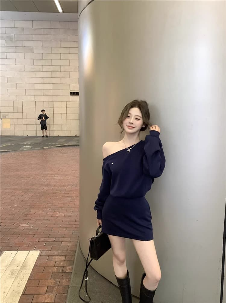 오프숄더 루즈핏 슬림해 보이는 후드티 드레스 아이들 프랑스식 품격 캐주얼 디자인 센스 비스듬한 어깨 긴팔 미니 스커트 상세 이미지 6