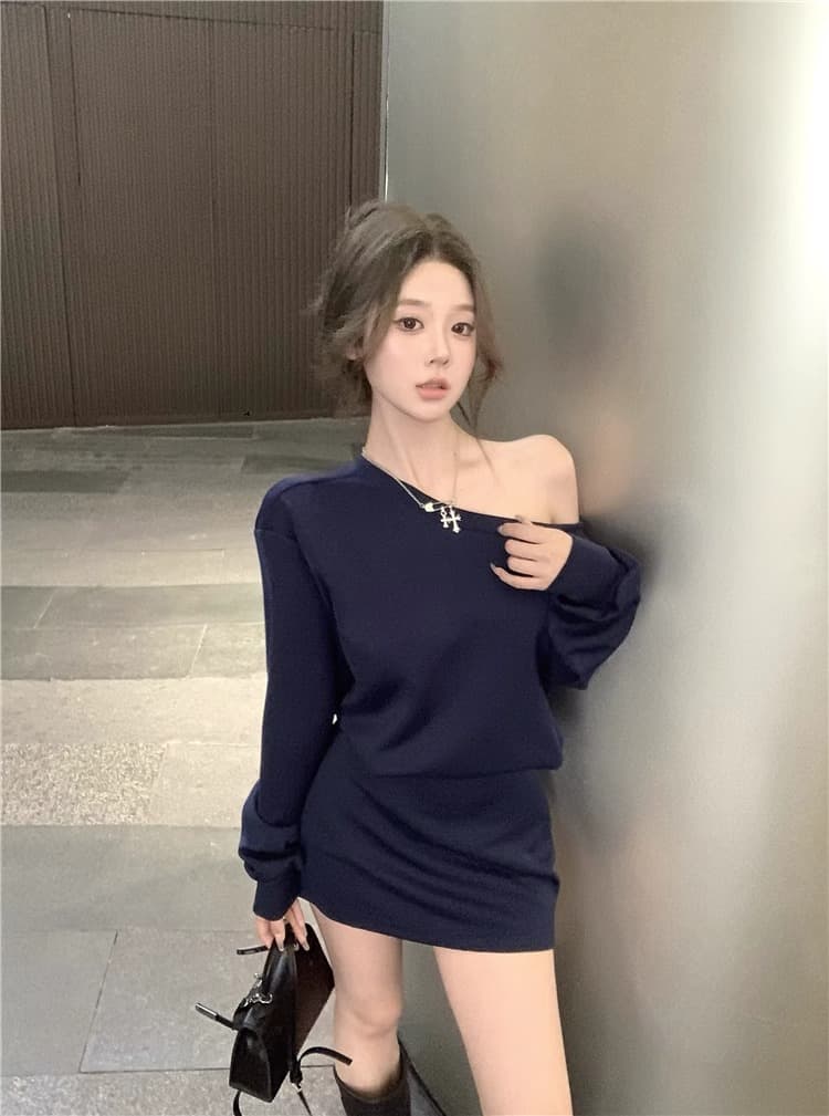 오프숄더 루즈핏 슬림해 보이는 후드티 드레스 아이들 프랑스식 품격 캐주얼 디자인 센스 비스듬한 어깨 긴팔 미니 스커트 상세 이미지 7