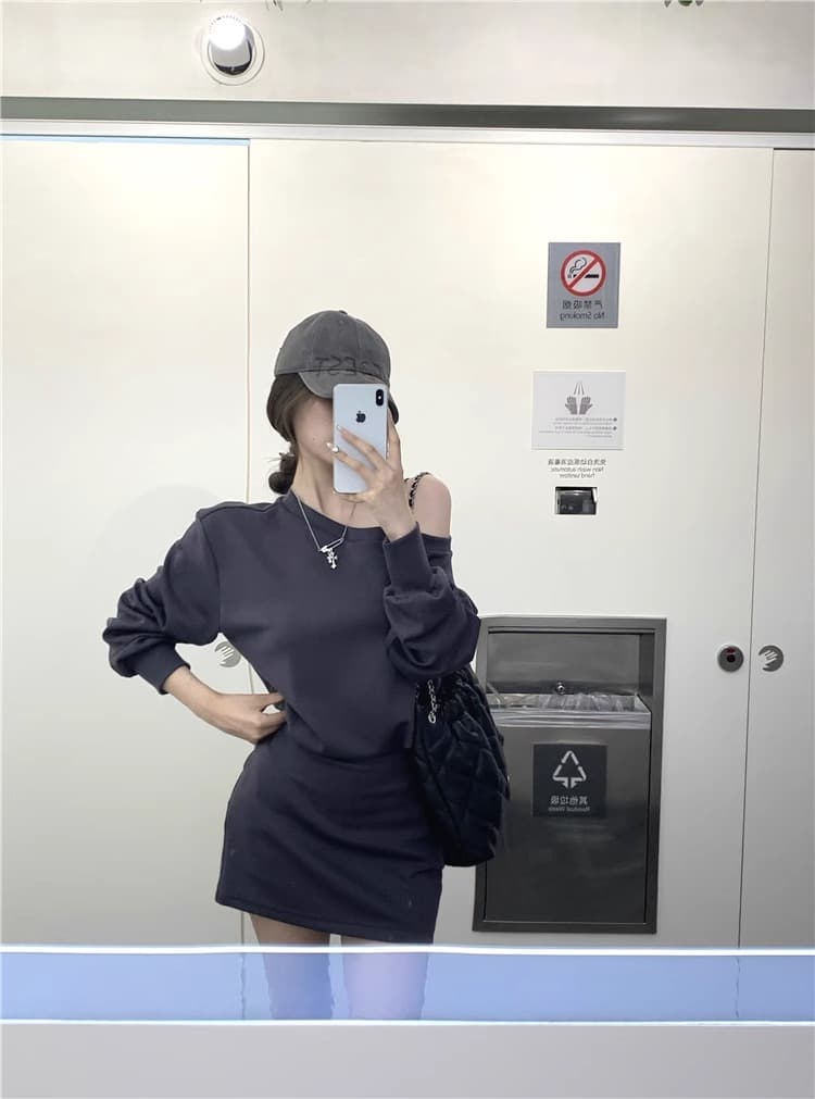 오프숄더 루즈핏 슬림해 보이는 후드티 드레스 아이들 프랑스식 품격 캐주얼 디자인 센스 비스듬한 어깨 긴팔 미니 스커트 상세 이미지 23