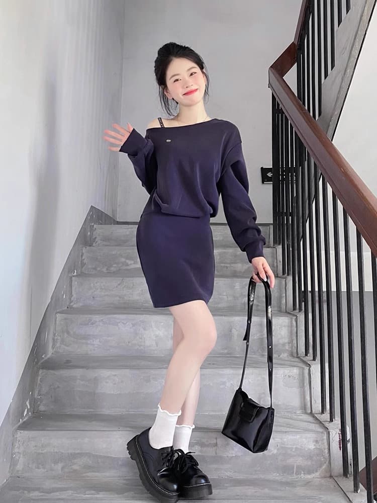 아메리칸 레트로 비스듬한 어깨 후드티 여성 드레스 작은 키 허리 수축 슬림해 보이는 품격 고급 센스 오프숄더 패키지 팔 미니 스커트 상세 이미지 3