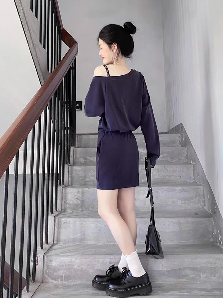 아메리칸 레트로 비스듬한 어깨 후드티 여성 드레스 작은 키 허리 수축 슬림해 보이는 품격 고급 센스 오프숄더 패키지 팔 미니 스커트 상세 이미지 4