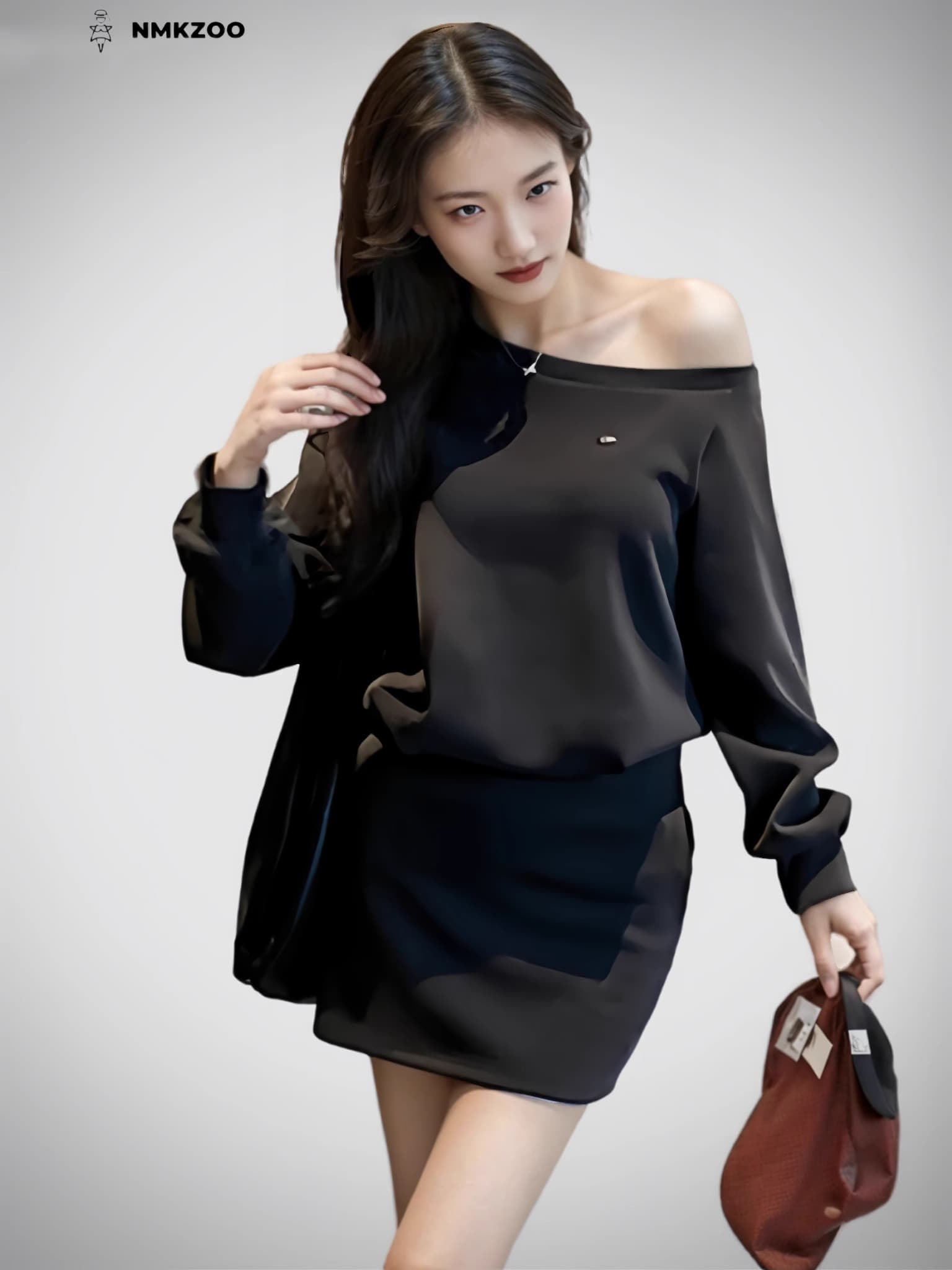 캐주얼 느긋한 바람 긴팔 비스듬한 칼라 오프숄더 미니 스커트 고급 센스 루즈핏 패키지 팔 디자인 센스 핫걸 후드티 드레스 상세 이미지 4