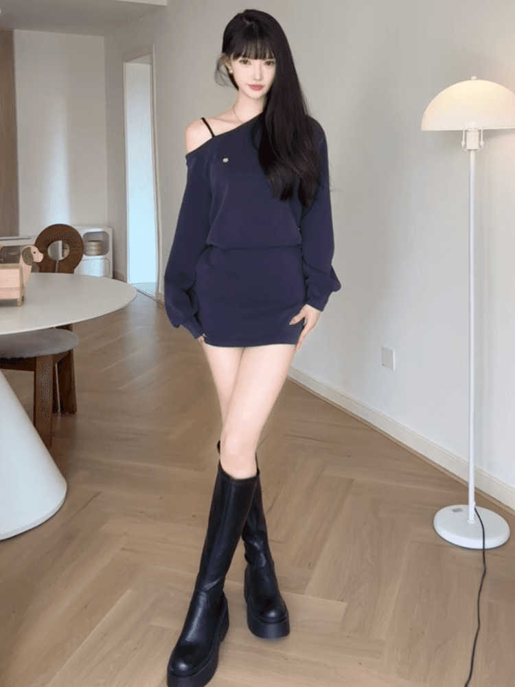 프랑스식 품격 오프숄더 루즈핏 타이트 스커트 여성 이른 가을 새로운 디자인 센스 허리 수축 슬림해 보이는 비스듬한 어깨 긴팔 드레스 상세 이미지 4