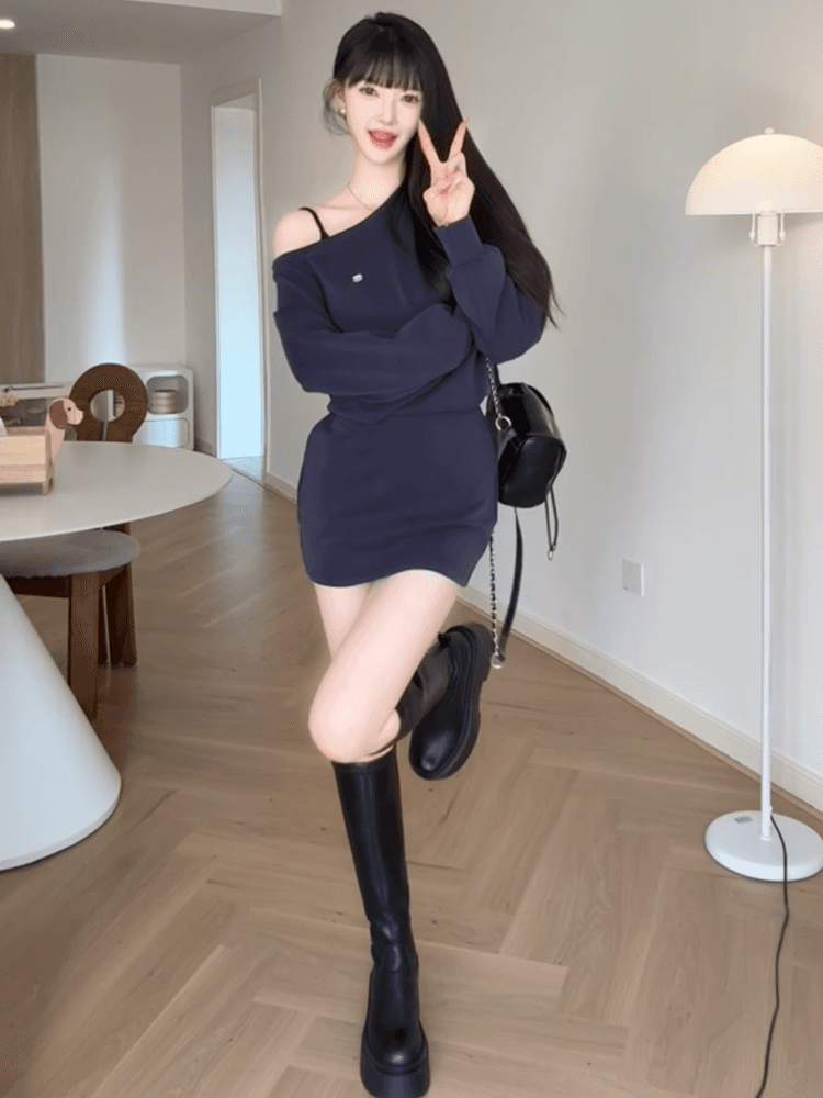 프랑스식 품격 오프숄더 루즈핏 타이트 스커트 여성 이른 가을 새로운 디자인 센스 허리 수축 슬림해 보이는 비스듬한 어깨 긴팔 드레스 상세 이미지 5