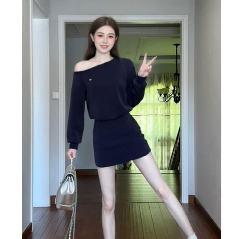 260 그램 사람들 면 원단 참나무 늑골 주머니 작은 대중 비스듬한 어깨 드레스 주름 허리 수축 긴팔 후드티 드레스 미니 스커트