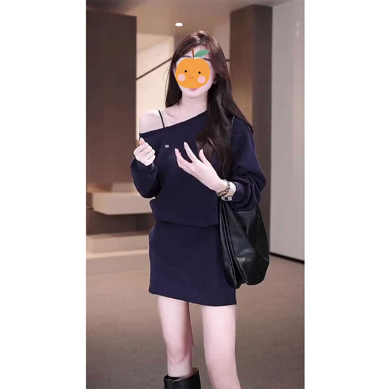 260 그램 사람들 면 원단 참나무 늑골 주머니 몸매 가꾸기 타이트 스커트 후드티 드레스 한 단어 비스듬한 어깨 긴팔 쇼트 스타일 드레스