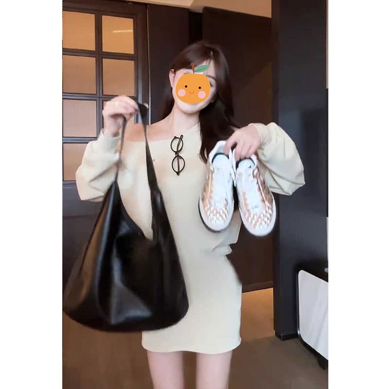260 그램 사람들 면 원단 참나무 늑골 주머니 몸매 가꾸기 타이트 스커트 후드티 드레스 한 단어 비스듬한 어깨 긴팔 쇼트 스타일 드레스 이미지 2