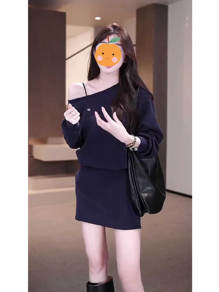 260 그램 사람들 면 원단 참나무 늑골 주머니 몸매 가꾸기 타이트 스커트 후드티 드레스 한 단어 비스듬한 어깨 긴팔 쇼트 스타일 드레스 상세 이미지 7