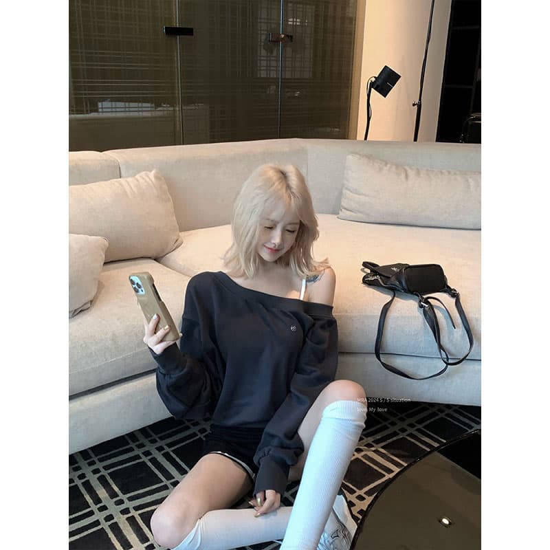 260 그램 사람들 면 원단 참나무 늑골 주머니 분위기 센스 비스듬한 어깨 후드티 드레스 여성 주름 허리 수축 긴팔 미니 스커트 이미지 4