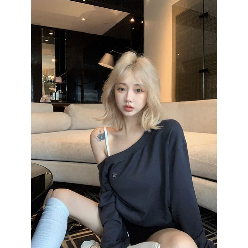 260 그램 사람들 면 원단 참나무 늑골 주머니 분위기 센스 비스듬한 어깨 후드티 드레스 여성 주름 허리 수축 긴팔 미니 스커트 이미지 2