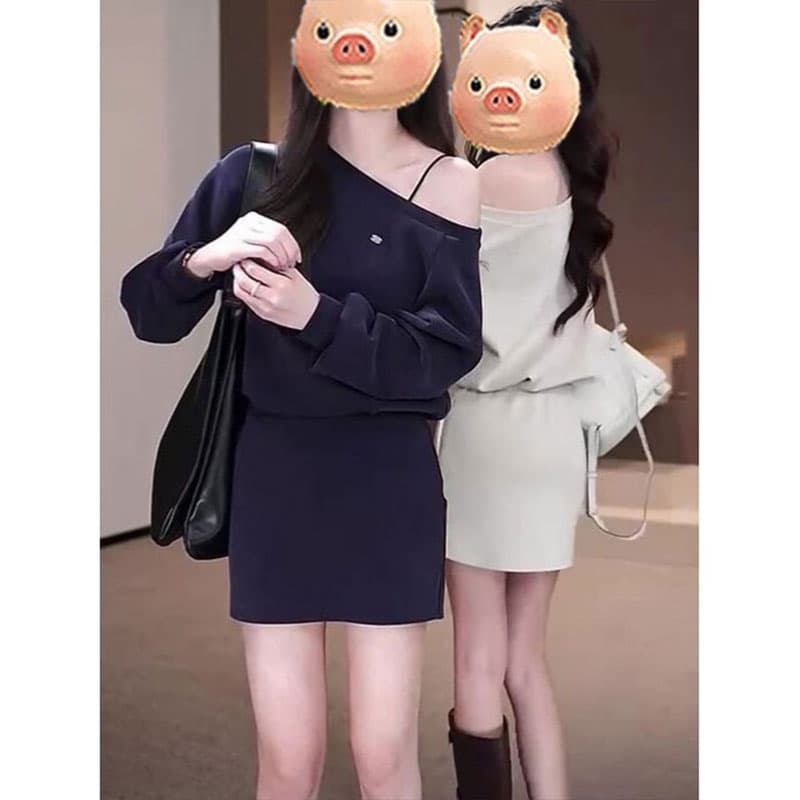 260 그램 사람들 면 원단 참나무 늑골 주머니 미니멀리즘 비스듬한 어깨 후드티 드레스 둘 색상 선택 주름 허리 수축 타이트 스커트 미니 스커트 이미지 4