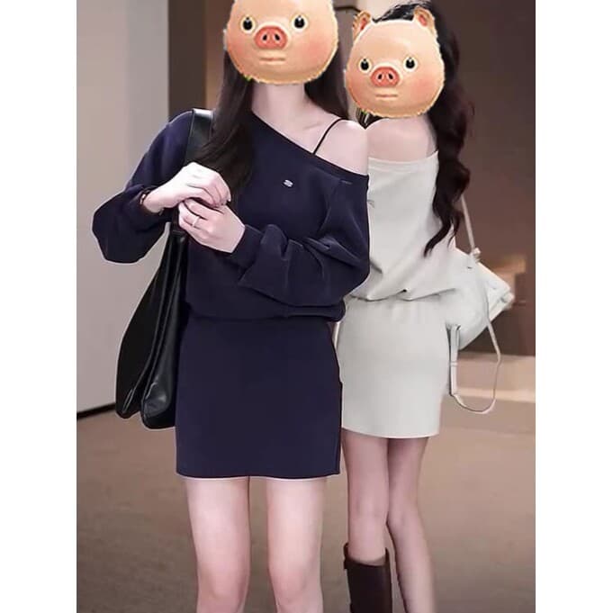 260 그램 사람들 면 원단 참나무 늑골 주머니 미니멀리즘 비스듬한 어깨 후드티 드레스 둘 색상 선택 주름 허리 수축 타이트 스커트 미니 스커트 상세 이미지 6