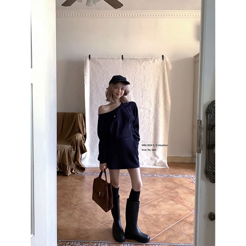 260 그램 사람들 면 원단 참나무 늑골 주머니 오프숄더 디자인 후드티 드레스 주름 허리 수축 긴팔 타이트 스커트 짧은 치마 상세 이미지 3