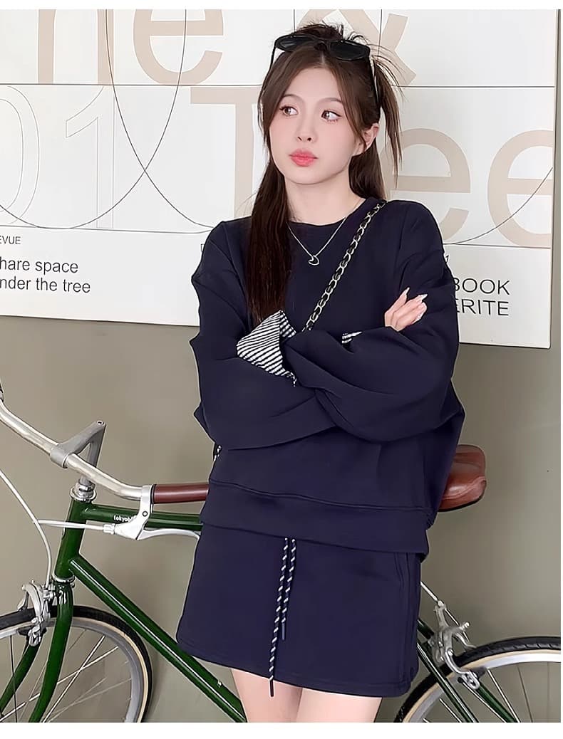 한 부서 분위기 센스 후드티 착용 가져 가라. 에이즈 환자 세트 작은 키 품격 슬림해 보이는 허리 수축 디자인 센스 파란색 반신 스커트 상세 이미지 4
