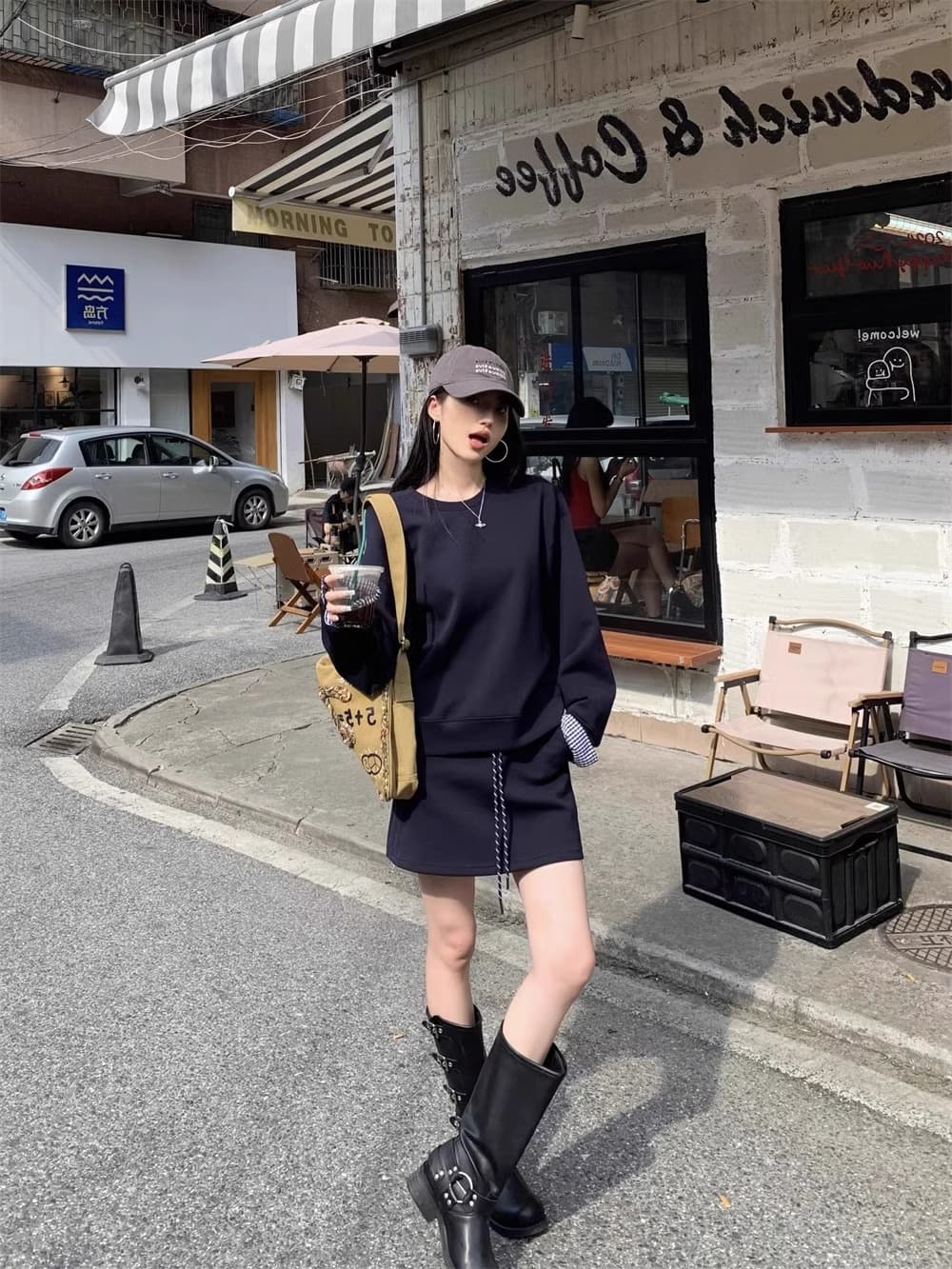 한 부서 고급 센스 착용 가져 가라. 세트 파란색 체크무늬 패치워크 긴팔 후드티 여성 반신 스커트 미니 스커트 투피스 세트 상세 이미지 9