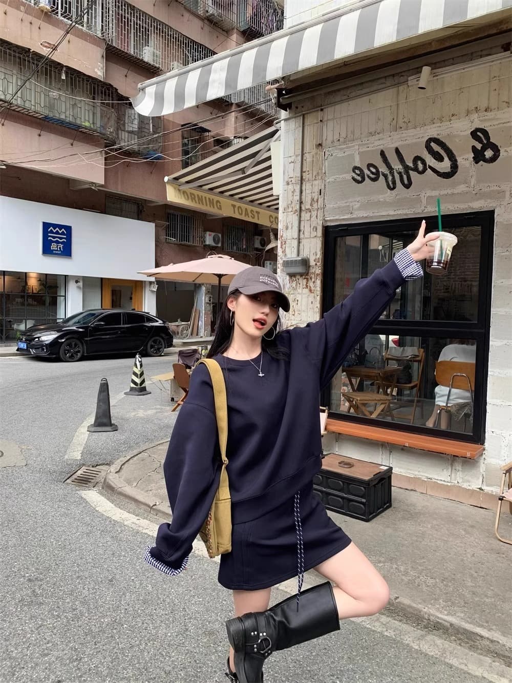 한 부서 고급 센스 착용 가져 가라. 세트 파란색 체크무늬 패치워크 긴팔 후드티 여성 반신 스커트 미니 스커트 투피스 세트 상세 이미지 11