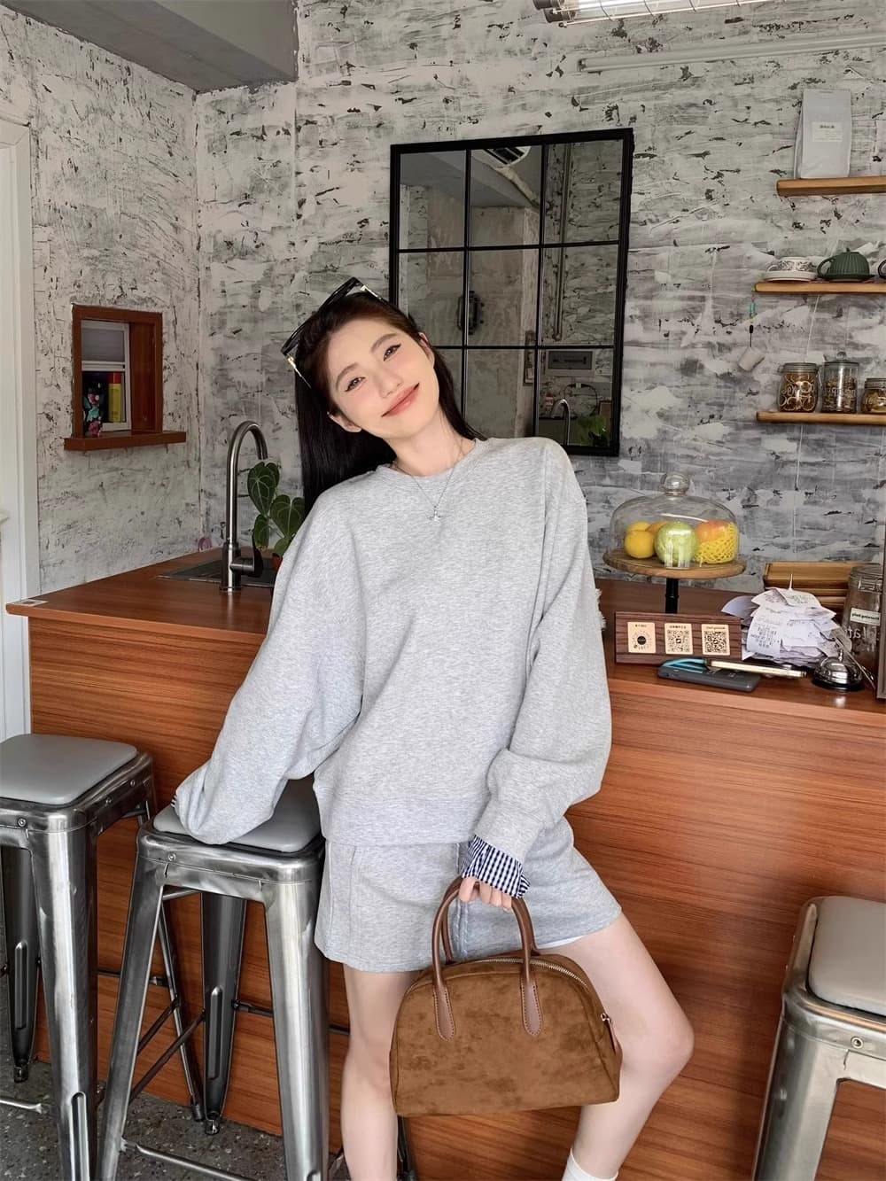 한 부서 고급 센스 착용 가져 가라. 세트 파란색 체크무늬 패치워크 긴팔 후드티 여성 반신 스커트 미니 스커트 투피스 세트 상세 이미지 25