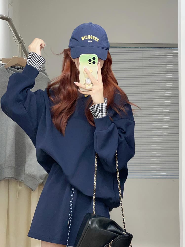 한국 chic 가을 겨울 레트로 연령 감소 루즈핏 패치워크 체크무늬 긴팔 후드티 하이웨이스트 펌프 로프 반신 치마 세트 상세 이미지 2