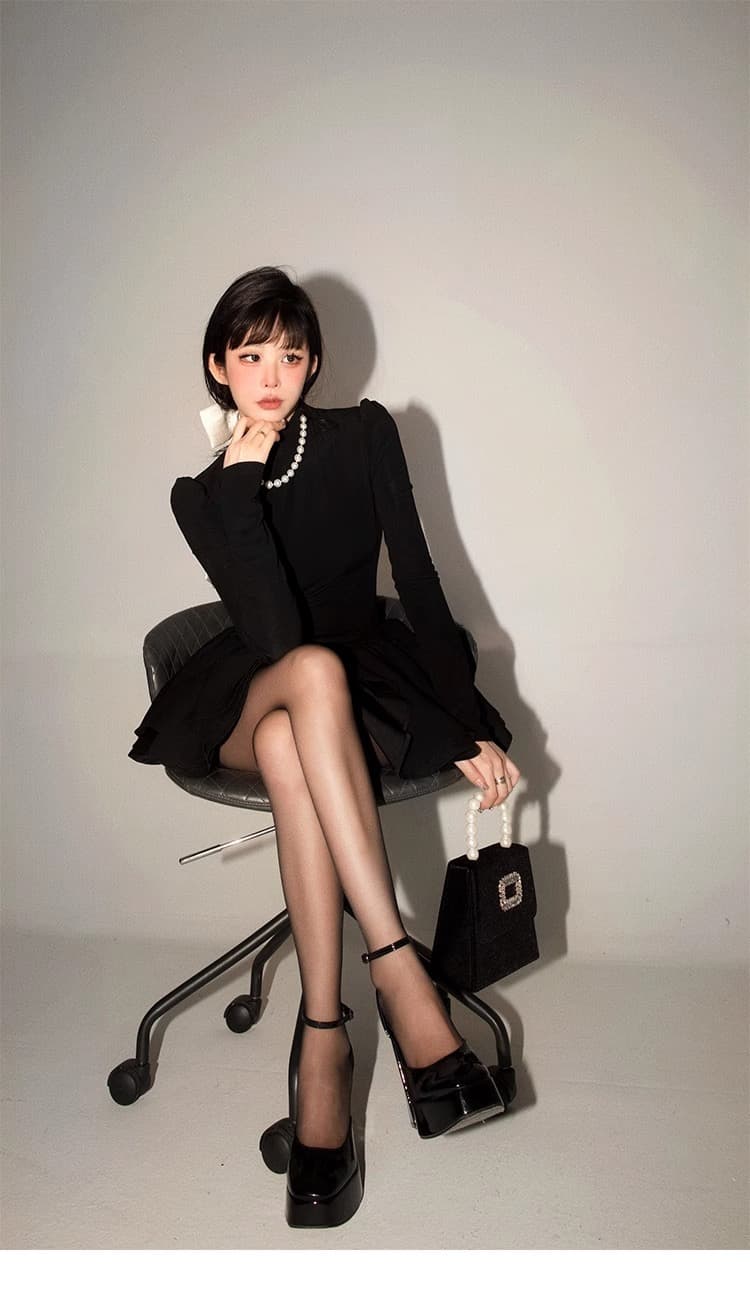 사람들 면 리브 3층 치마 몸매 가꾸기 허리 수축 퍼프 스커트 반하이넥 버블 긴팔 드레스 상세 이미지 28