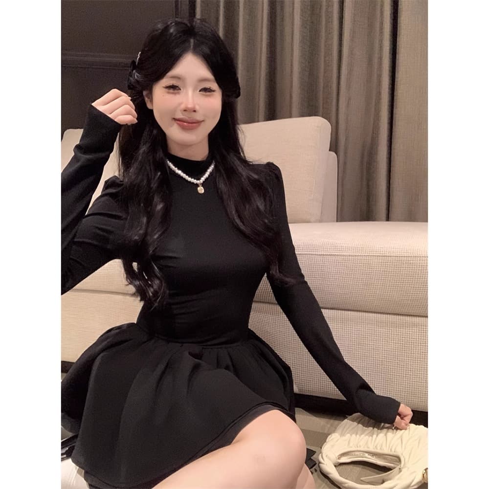 260 그램 사람들 면 리브 3층 치마 핫걸 발레 바람 미니 스커트 반하이넥 거품 소매 허리 수축 드레스 이미지 4