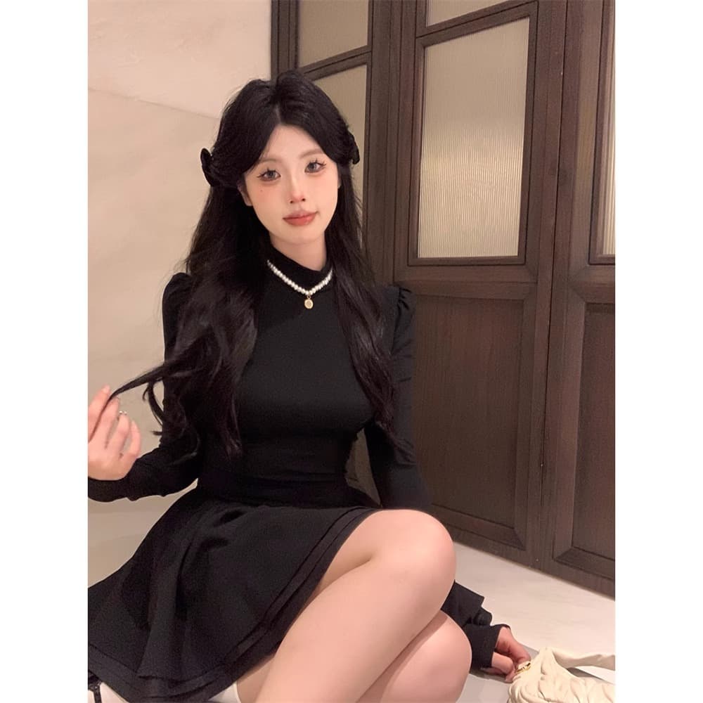 260 그램 사람들 면 리브 3층 치마 핫걸 발레 바람 미니 스커트 반하이넥 거품 소매 허리 수축 드레스 이미지 3