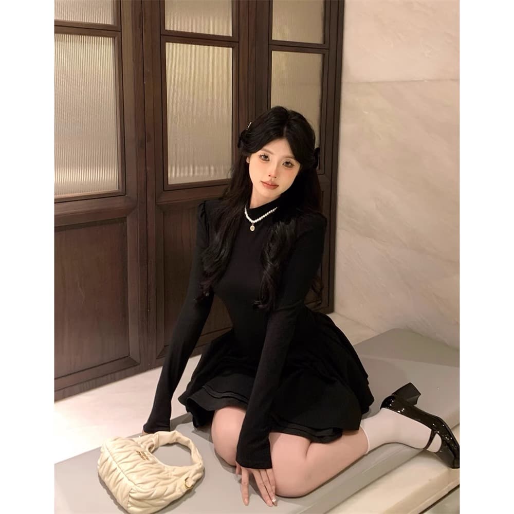 260 그램 사람들 면 리브 3층 치마 핫걸 발레 바람 미니 스커트 반하이넥 거품 소매 허리 수축 드레스 이미지 5