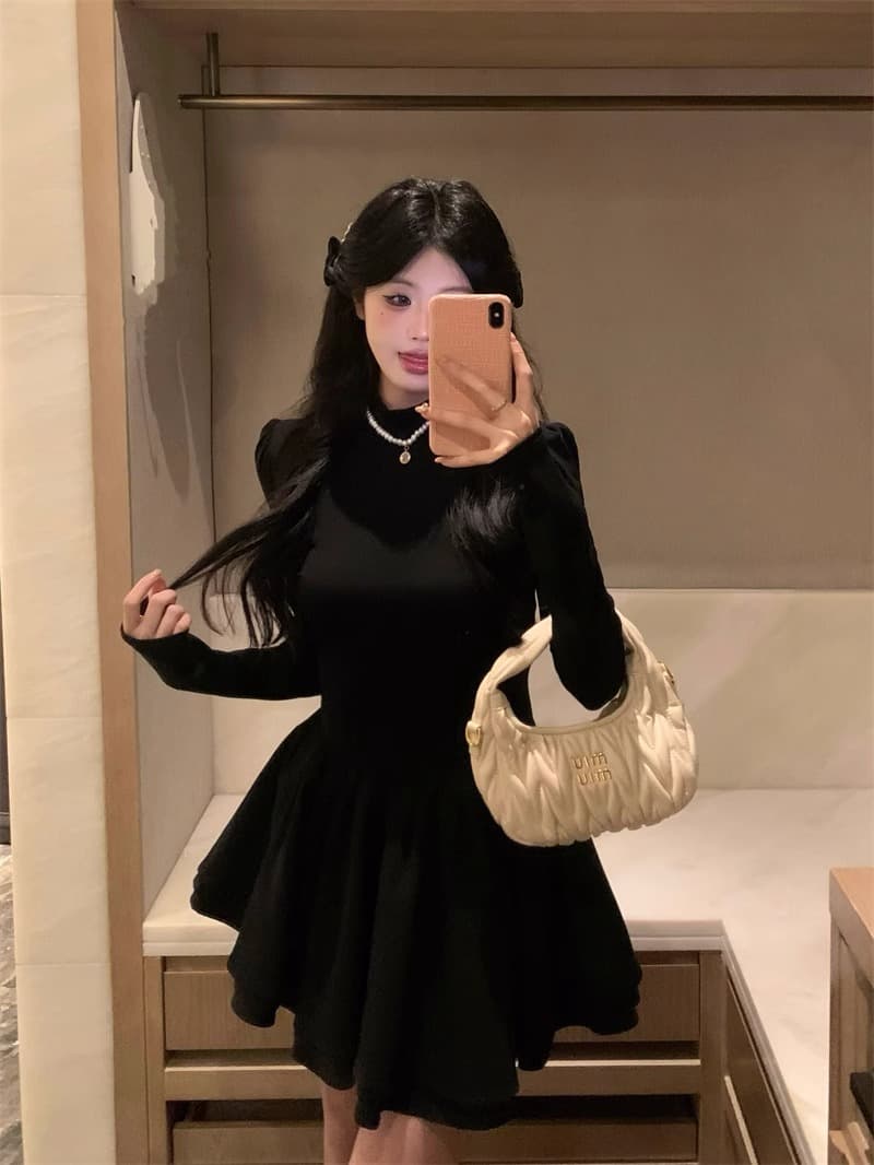 260 그램 사람들 면 리브 3층 치마 핫걸 발레 바람 미니 스커트 반하이넥 거품 소매 허리 수축 드레스 상세 이미지 2