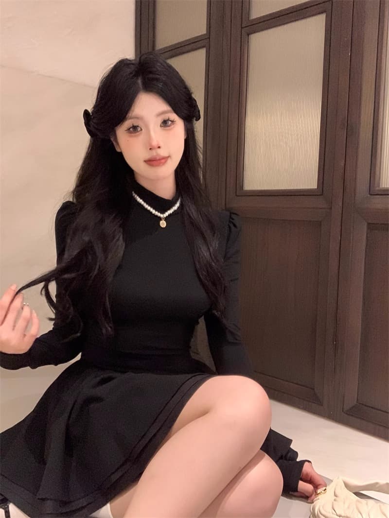 260 그램 사람들 면 리브 3층 치마 핫걸 발레 바람 미니 스커트 반하이넥 거품 소매 허리 수축 드레스 상세 이미지 6