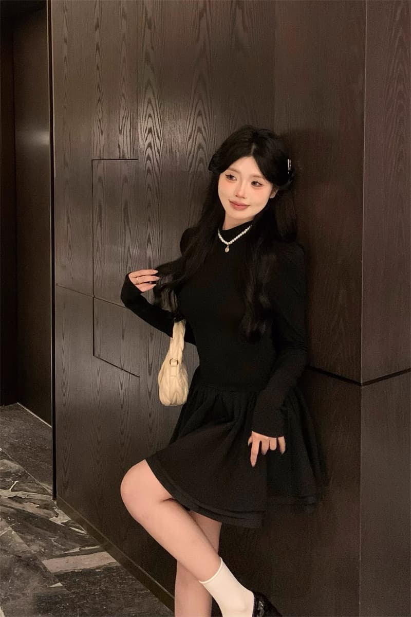 260 그램 사람들 면 리브 3층 치마 핫걸 발레 바람 미니 스커트 반하이넥 거품 소매 허리 수축 드레스 상세 이미지 10