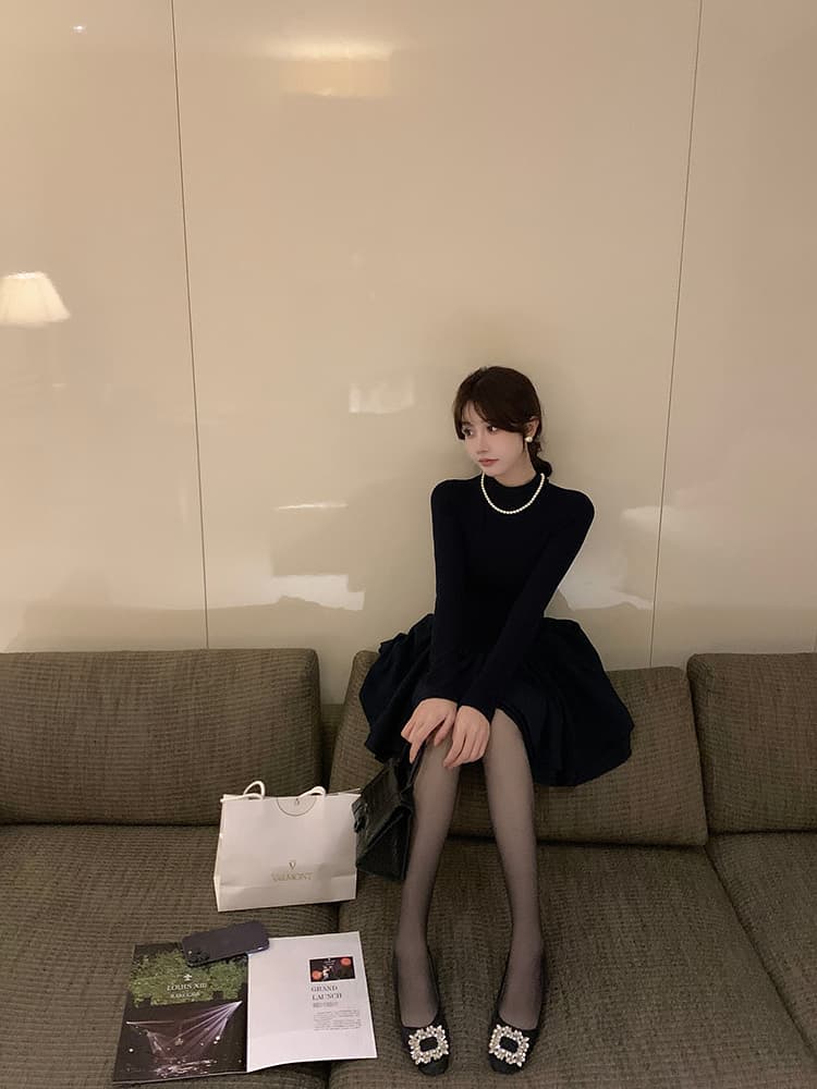 퍼프 공주 치마 검정색 드레스 복장 아이들 로드 중 가을 겨울 새로운 코트 인사이드 가져 가라. 꼬집기 허리 작은 검은 드레스 상세 이미지 7