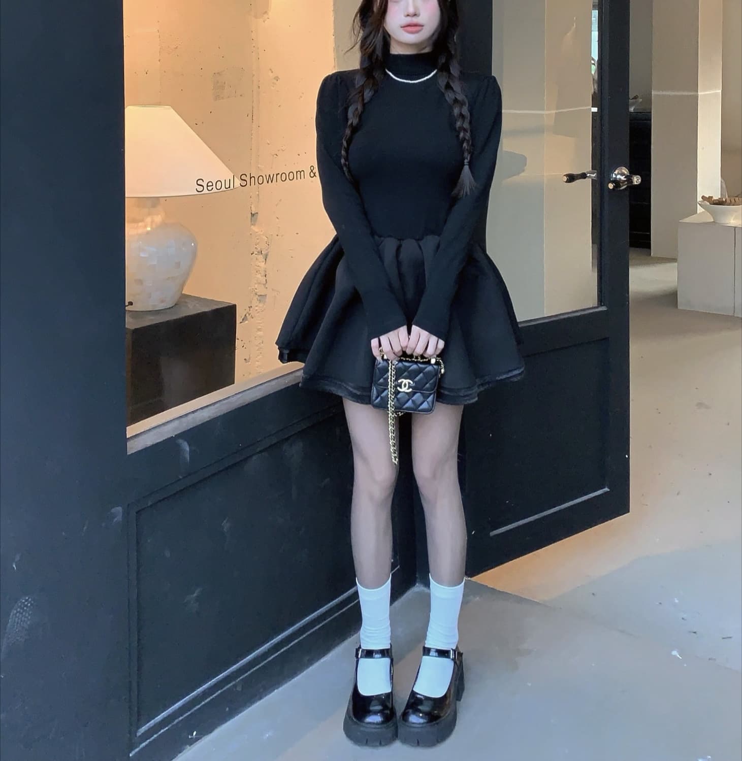 그는 벤 바람 검정색 반하이넥 핫걸 니트 드레스 여성 코트 인사이드 가져 가라. 허리 수축 슬림해 보이는 작은 키 퍼프 스커트 상세 이미지 6
