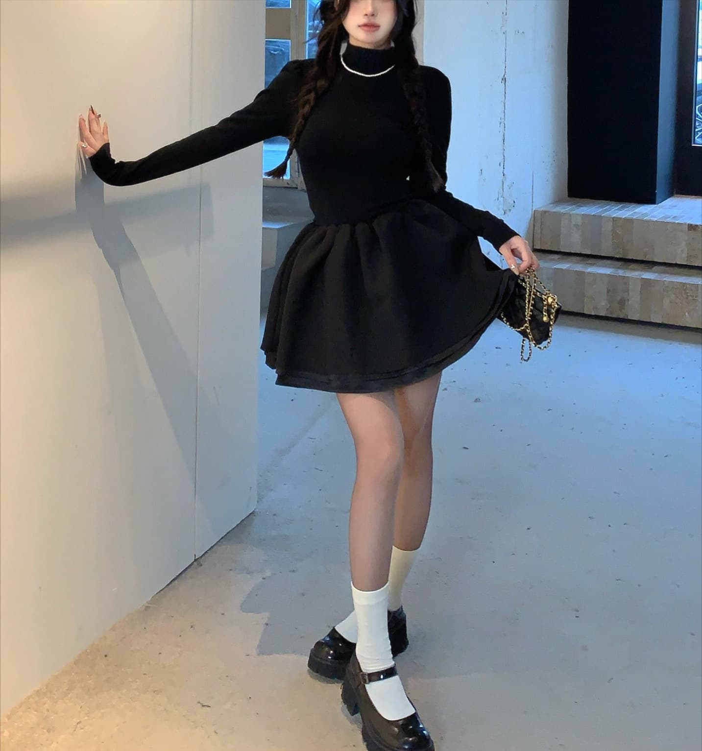 그는 벤 바람 검정색 반하이넥 핫걸 니트 드레스 여성 코트 인사이드 가져 가라. 허리 수축 슬림해 보이는 작은 키 퍼프 스커트 상세 이미지 9