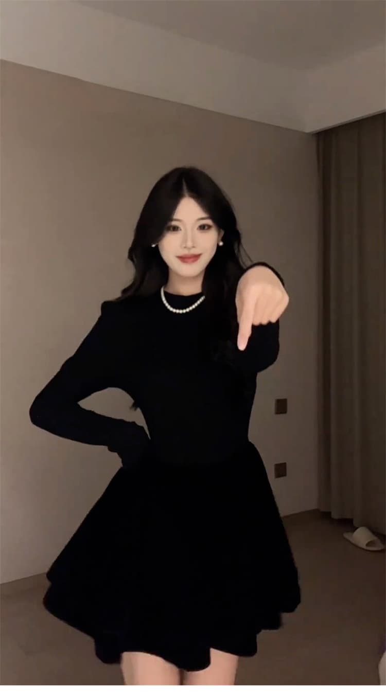 여름 새로운 그는 벤 바람 검정색 긴팔 드레스 작은 키 여성 의류 인사이드 가져 가라. 섹시함 공주 미니 스커트 상세 이미지 7