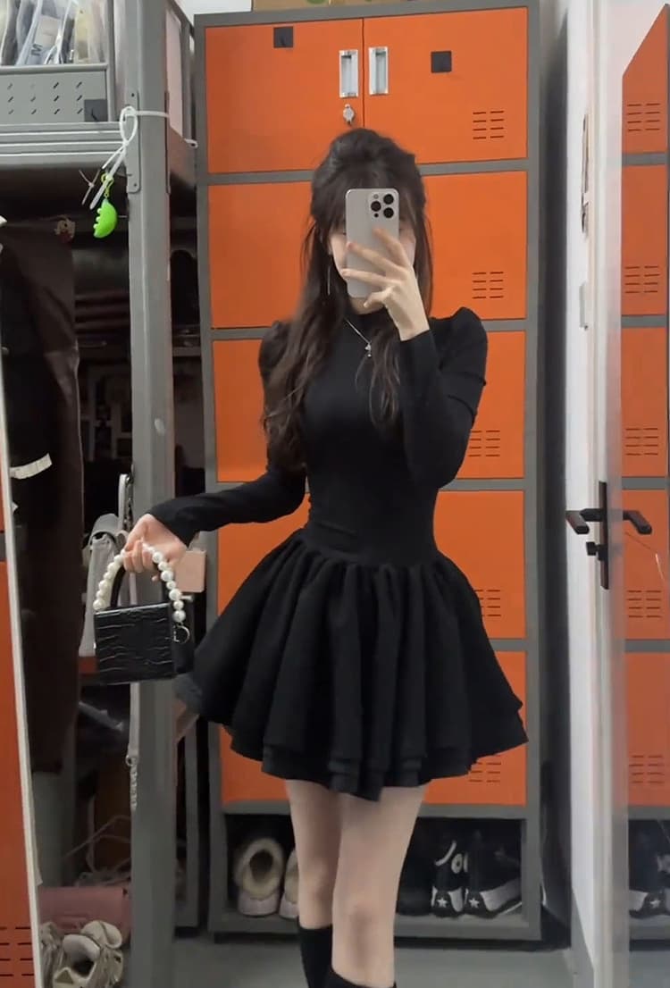 천 골드 작은 검은 드레스 공주 드레스 아이들 조기 가을 새로운 코트 인사이드 가져 가라. 허리 수축 만나는 퍼프 스커트 상세 이미지 6