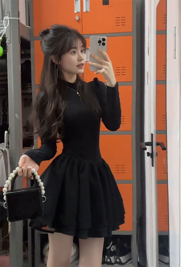 천 골드 작은 검은 드레스 공주 드레스 아이들 조기 가을 새로운 코트 인사이드 가져 가라. 허리 수축 만나는 퍼프 스커트 상세 이미지 7