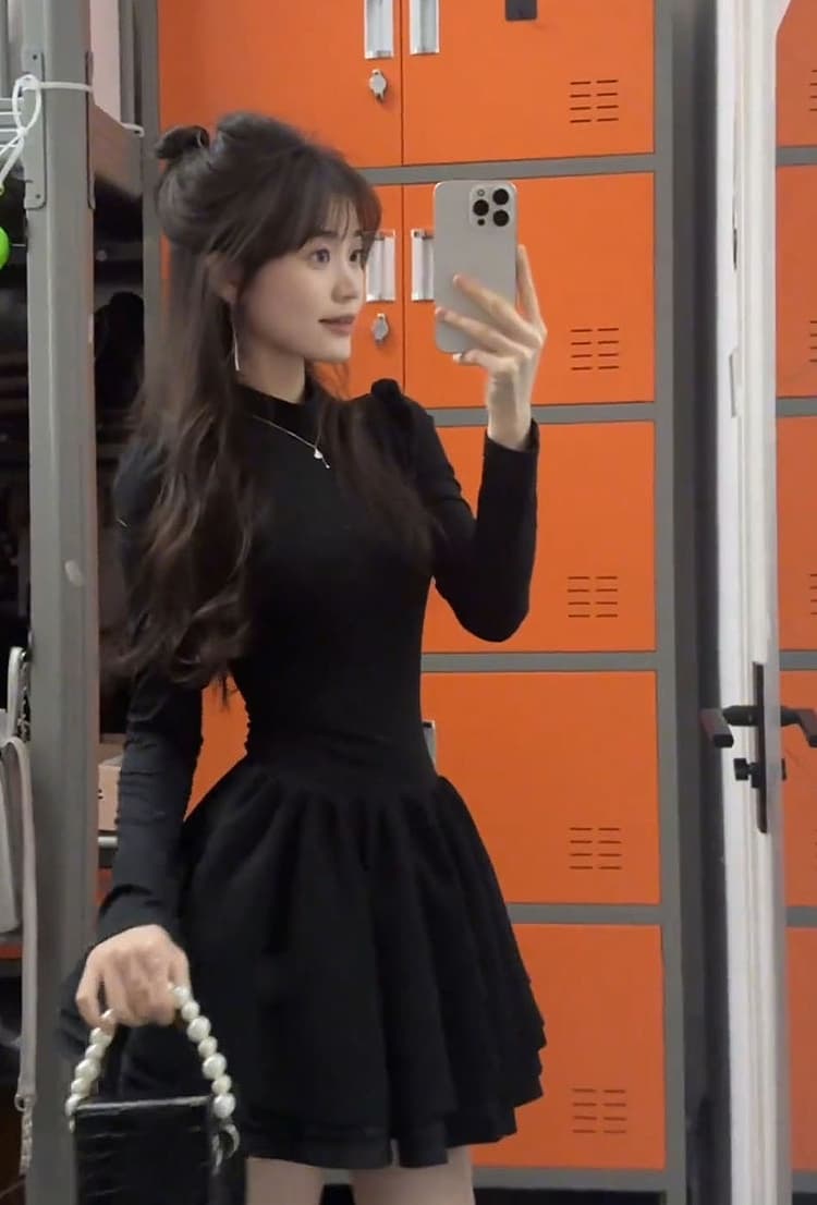 천 골드 작은 검은 드레스 공주 드레스 아이들 조기 가을 새로운 코트 인사이드 가져 가라. 허리 수축 만나는 퍼프 스커트 상세 이미지 8