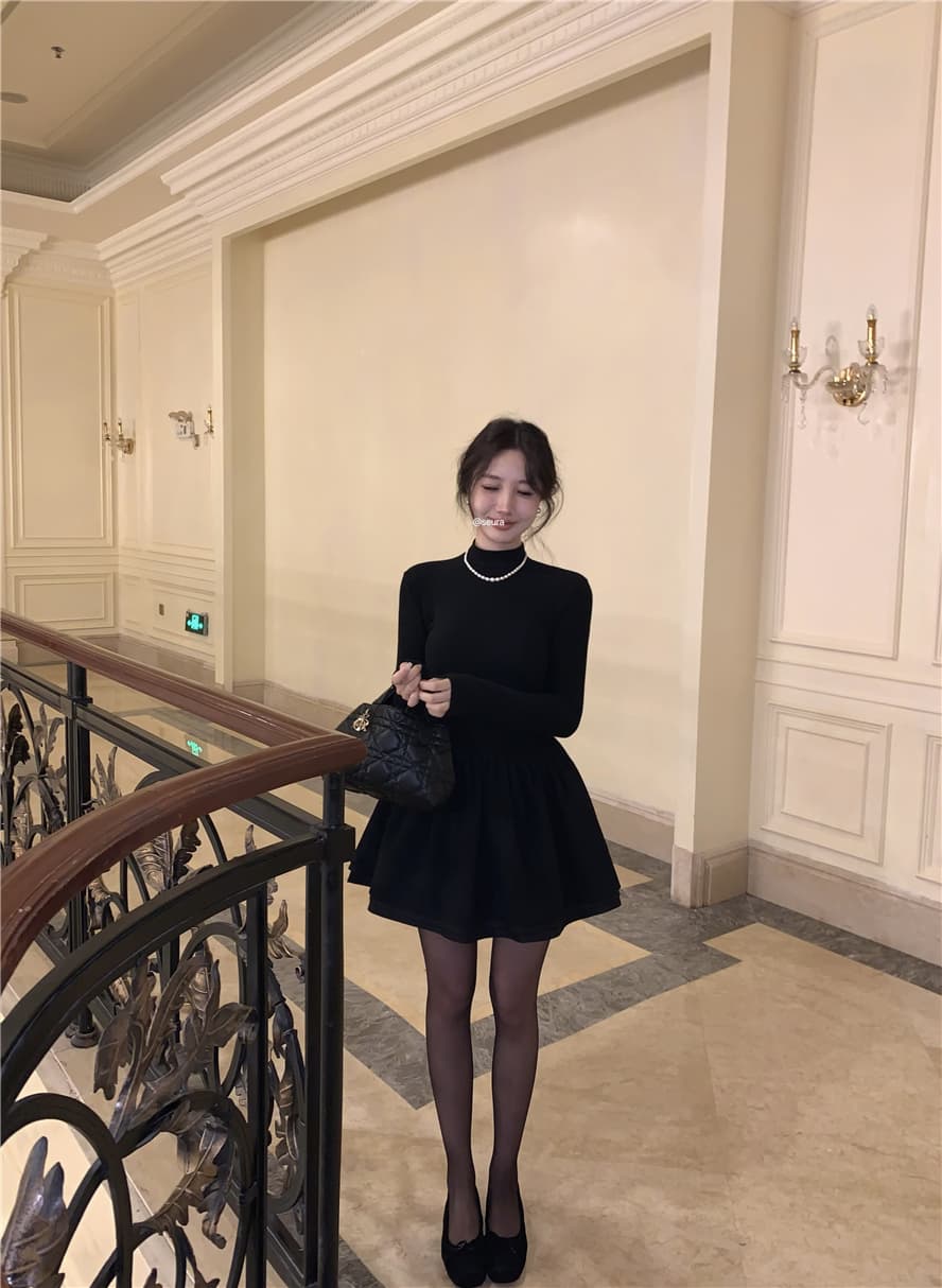 그는 벤 바람 검정색 반하이넥 긴팔 여성 드레스 봄 가을 겨울 새로운 인사이드 가져 가라. 허리 수축 한 마디 퍼프 짧은 치마 상세 이미지 11