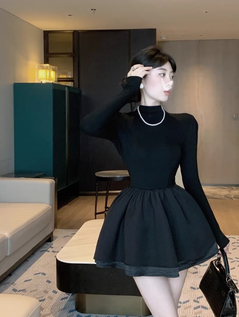 그는 벤 바람 작은 검은 드레스 여성 겨울 검정색 반하이넥 만나는 미니 스커트 인사이드 가져 가라. 퍼프 스커트 경기 코트 니트 치마 상세 이미지 5